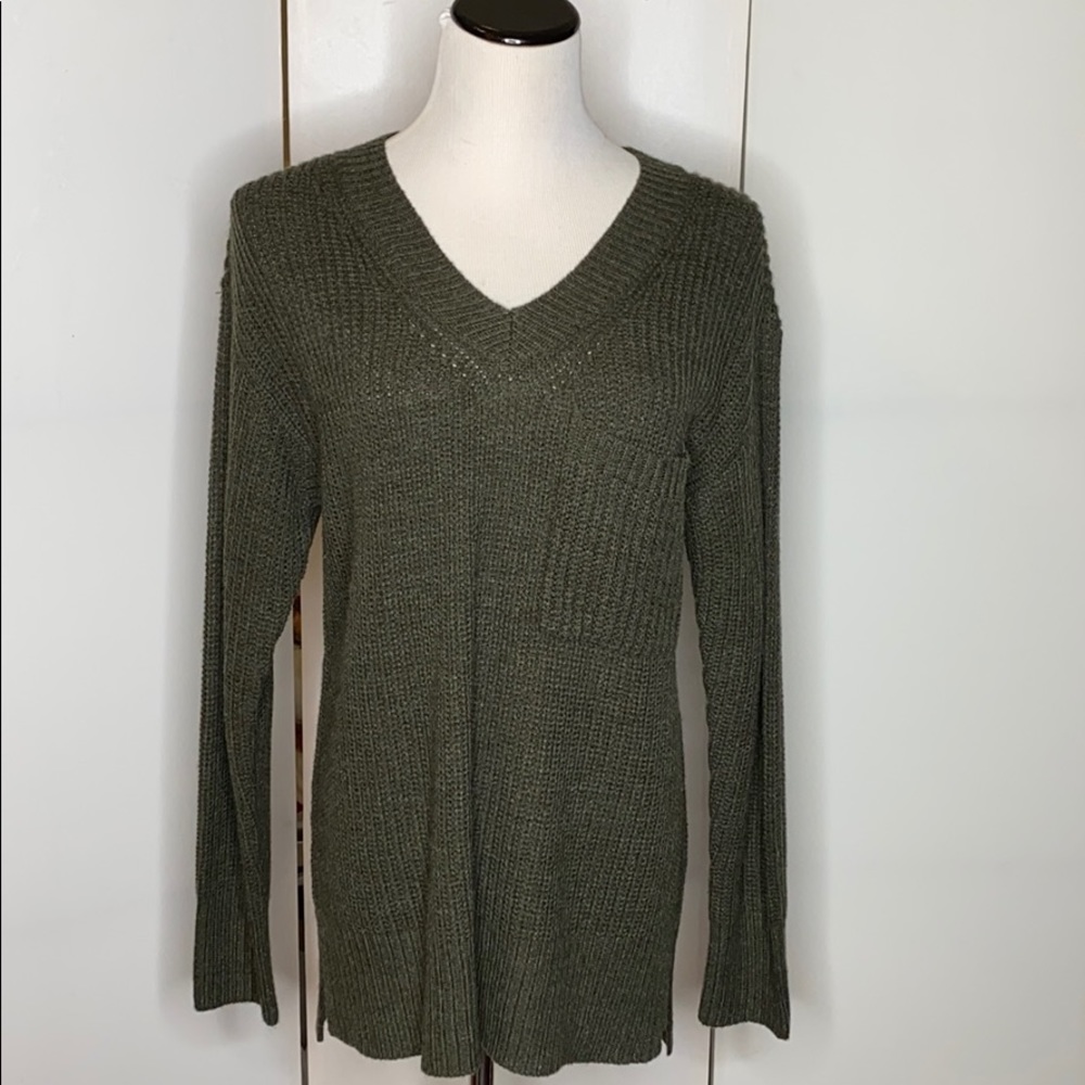 Forest Green V-Neck Sweater with OS Front Pocket